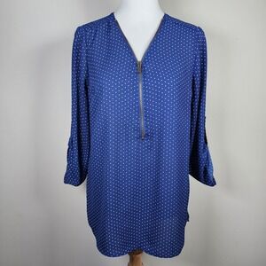 Stella Tweed Blouse Womens Medium‎ Polkadot Navy Top Lightweight Career Office